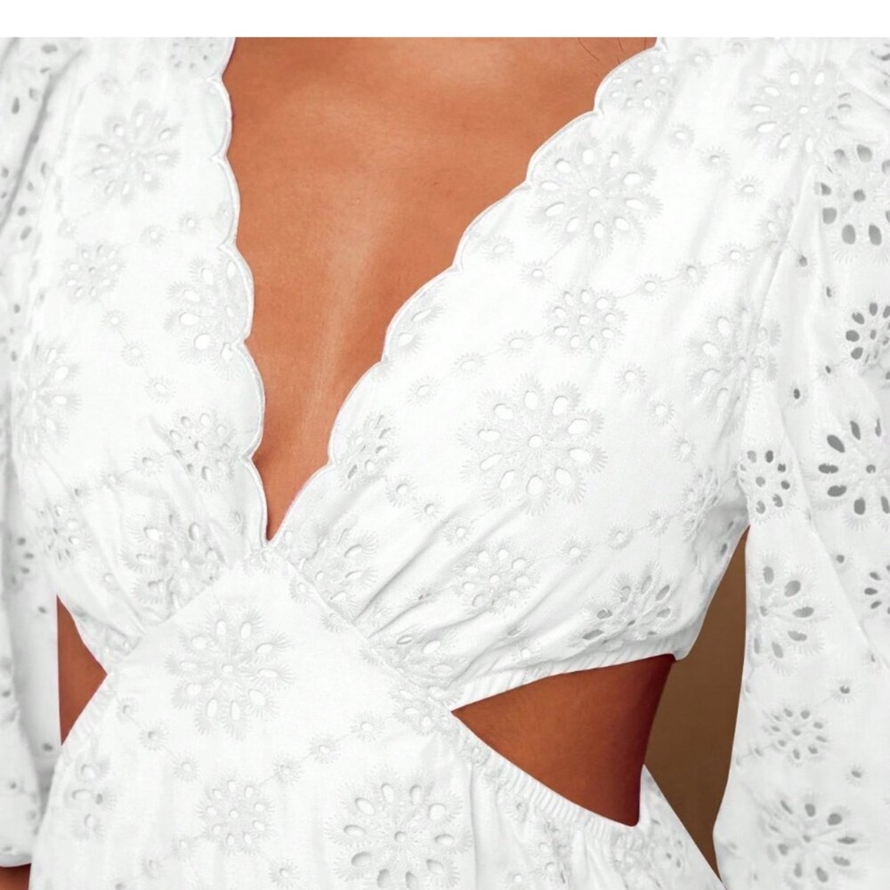 White Boho Women's Woven Embroidered V-Neck Puff Sleeve Tall Long Dress